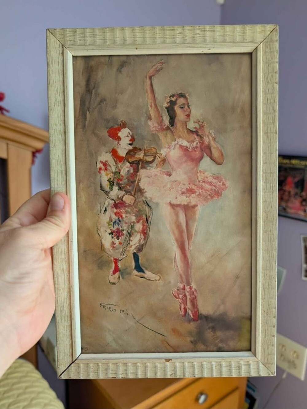 Vintage Framed Ballerina & Clown Art Print With Frame
